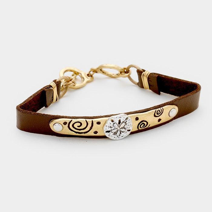Brown Sand Dollar Faux Leather Bracelet - Jewelry Store by Erik Rayo