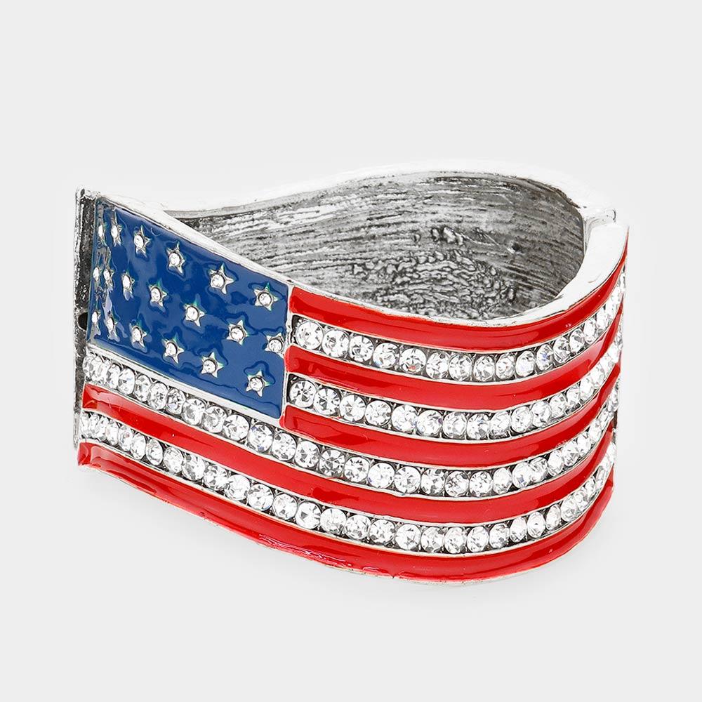 Silver Crystal Rhinestone American Flag Hinged Bracelet