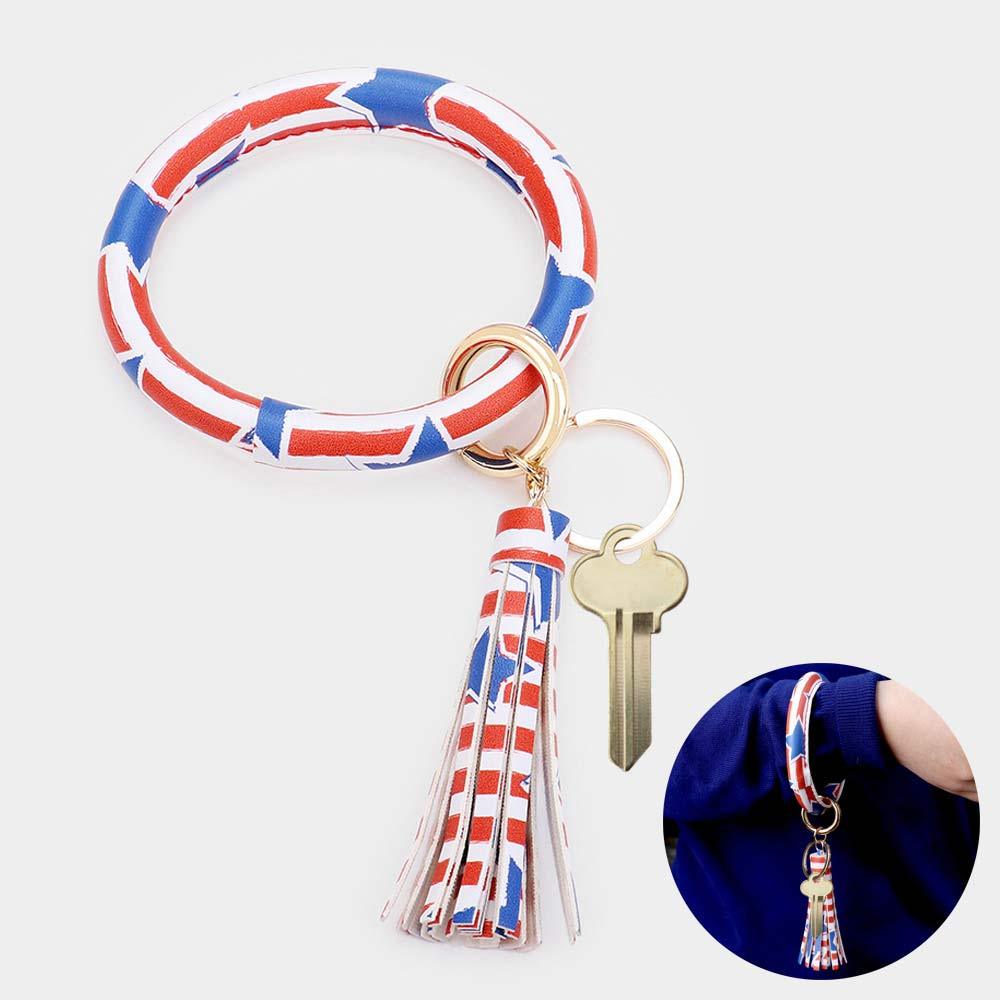 Red Patriotic USA Flag Faux Leather Tassel Keychain / Bracelet