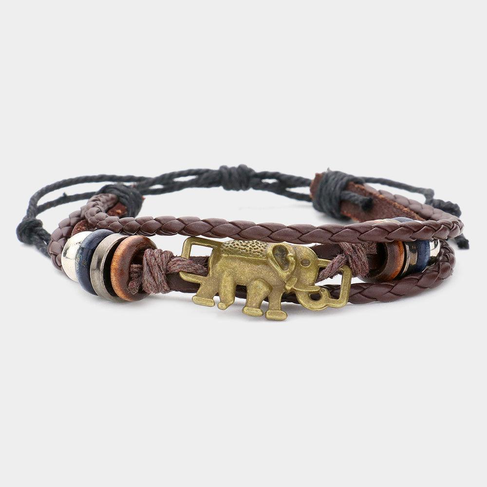 Elephant multitier faux leather cinch bracelet