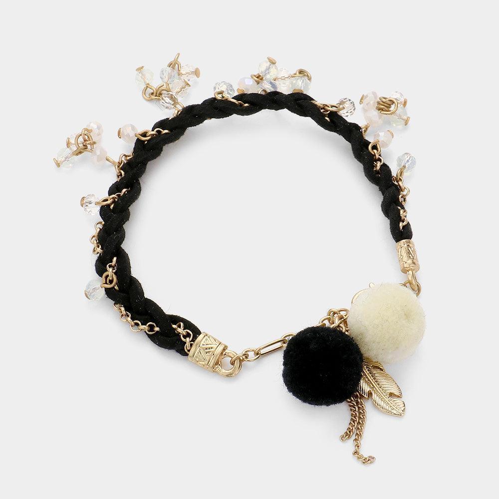 White Pom Pom Pearl Charm Braided Suede Bracelet - Jewelry Store by Erik Rayo
