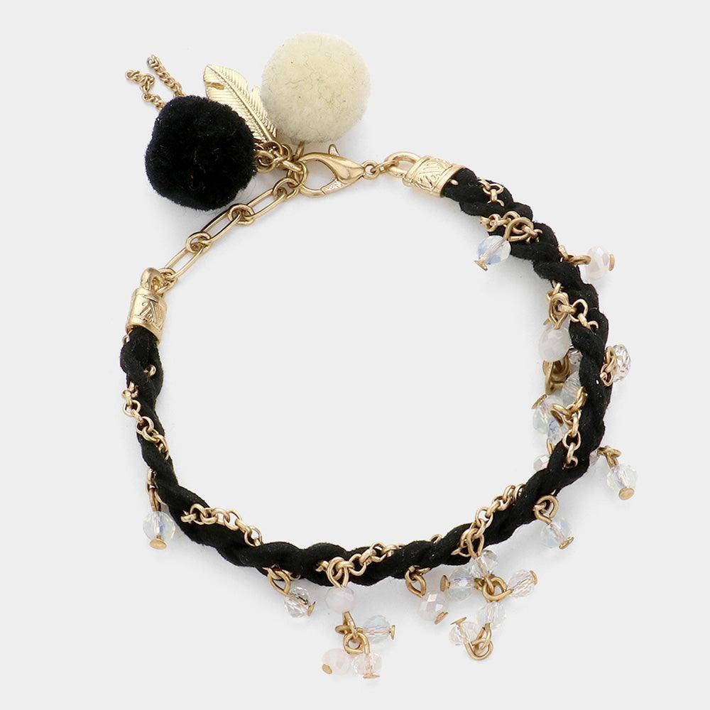White Pom Pom Pearl Charm Braided Suede Bracelet - Jewelry Store by Erik Rayo