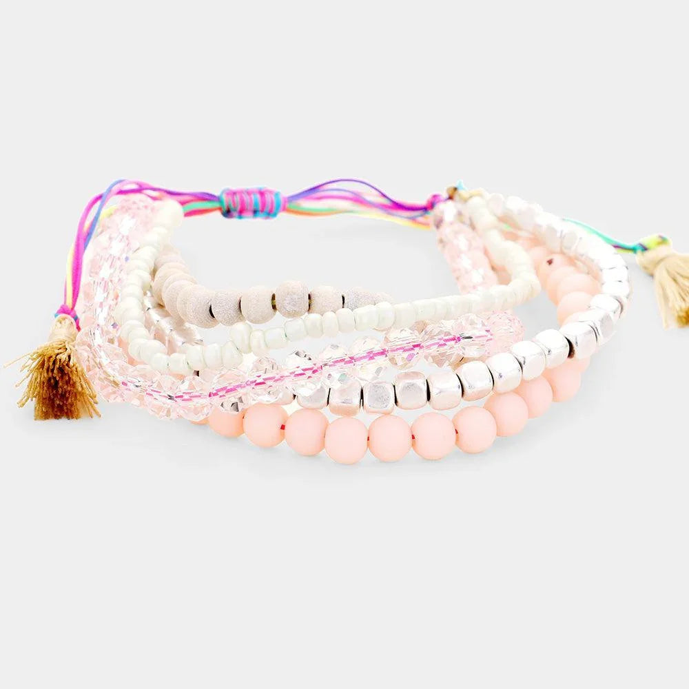 Peach Wood Metal Beaded Tassel Multi Strand Adjustable Bracelet - Jewelry Store by Erik Rayo