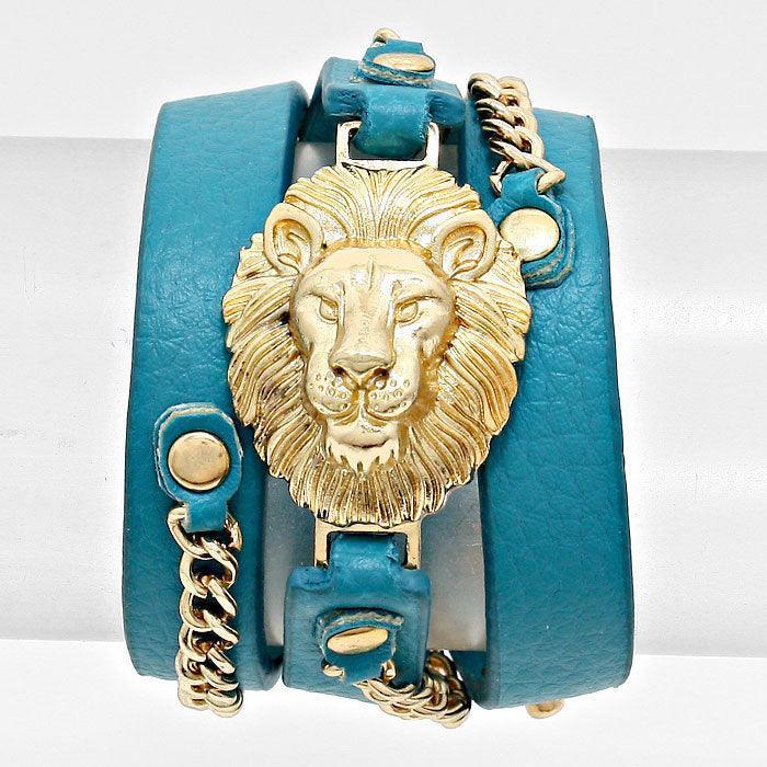 Turquoise Lion Accented Leather Band Bracelet - Jewelry Store by Erik Rayo