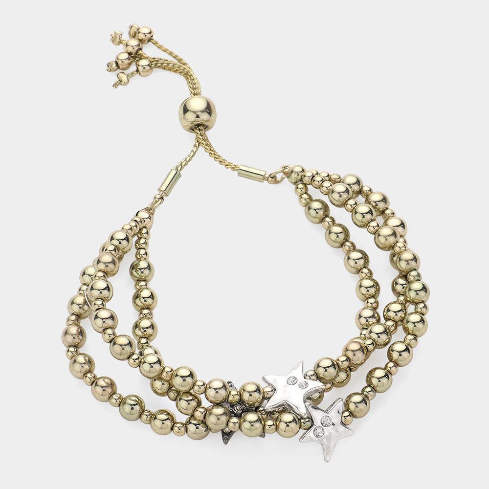 Stone Paved Star Pointed Beaded Triple Layered Pull Tie Cinch Bracelet - Jewelry Store by Erik Rayo