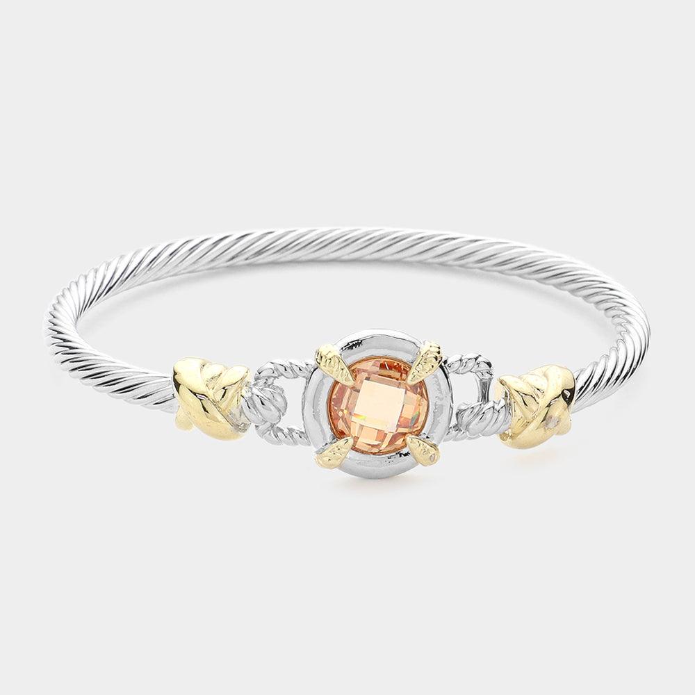 Peach CZ Stone Cluster Accented Rope Metal Bangle Bracelet