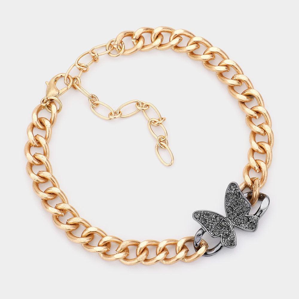 Hematite Rhinestone Embellished Butterfly Accented Bracelet - Jewelry Store by Erik Rayo