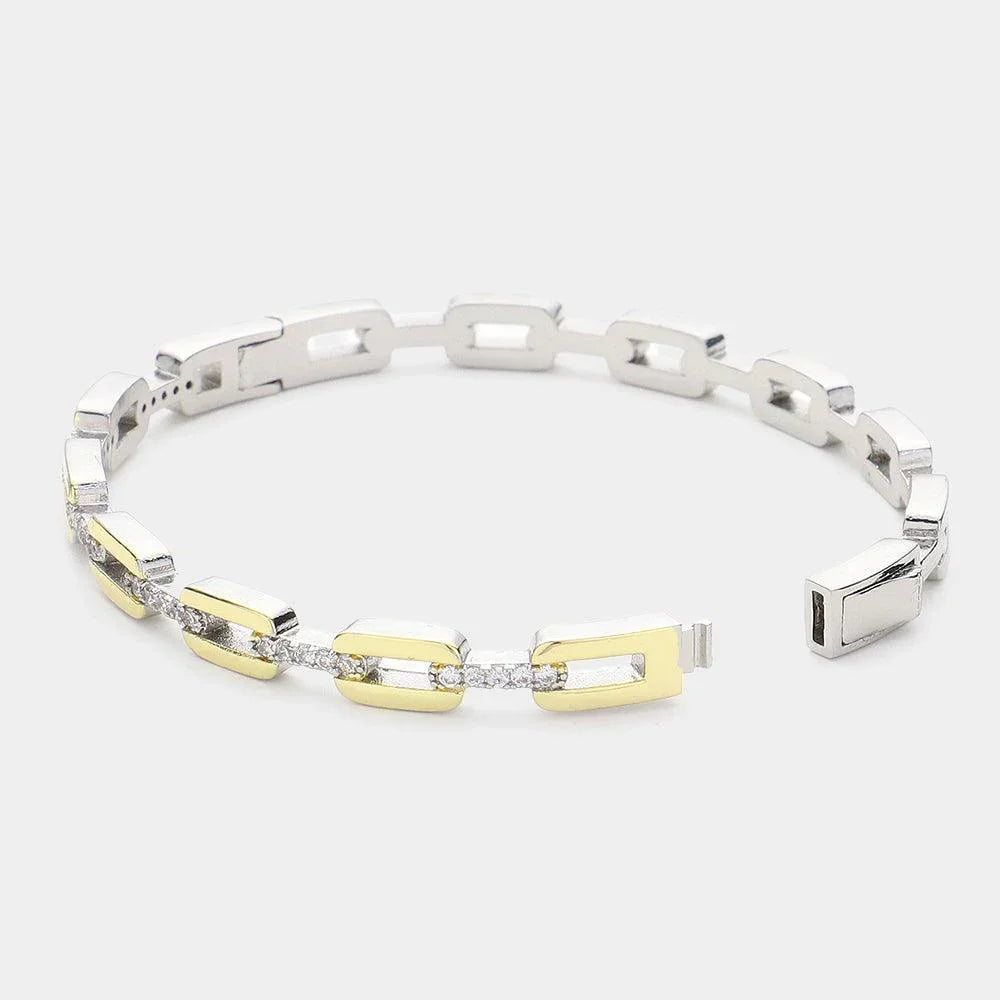 CZ Stone Paved Two Tone Metal Link Hinged Bangle Bracelet - Jewelry Store by Erik Rayo