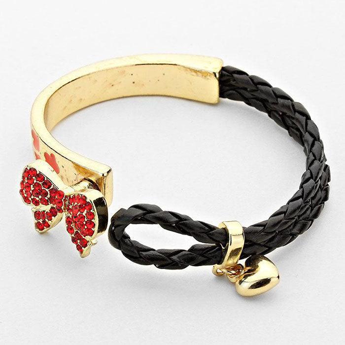 Red Pave Bow Heart Charm Faux Leather Bangle Bracelet - Jewelry Store by Erik Rayo