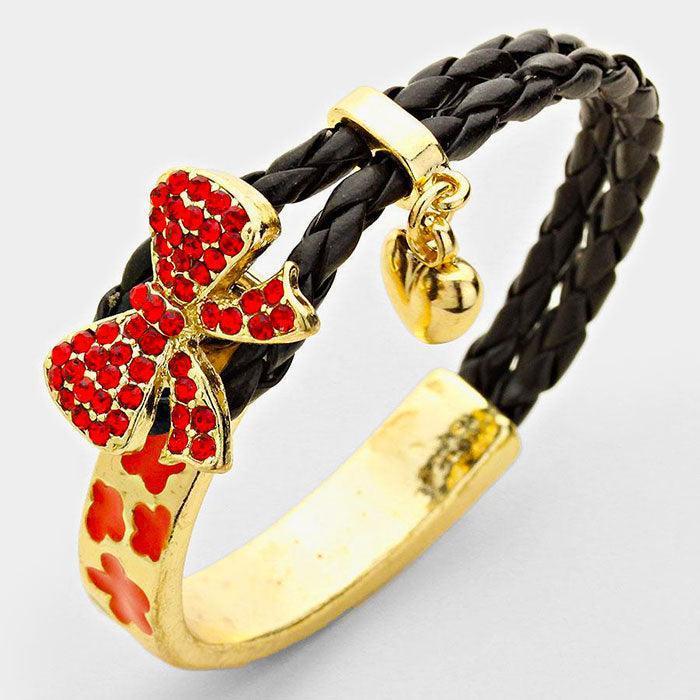 Red Pave Bow Heart Charm Faux Leather Bangle Bracelet - Jewelry Store by Erik Rayo