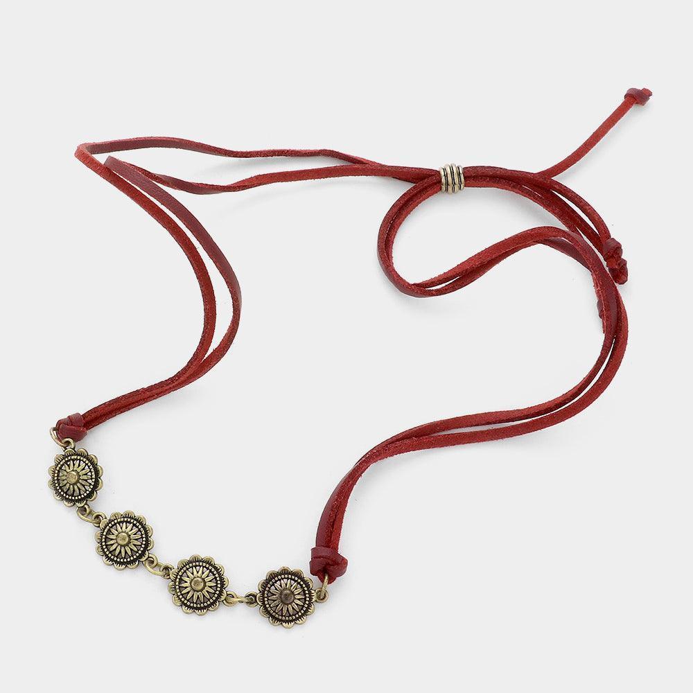 Burgundy Floral disc link multitier faux leather wrap bracelet - Jewelry Store by Erik Rayo
