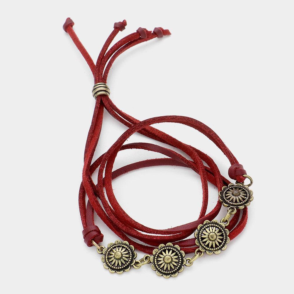 Burgundy Floral disc link multitier faux leather wrap bracelet - Jewelry Store by Erik Rayo