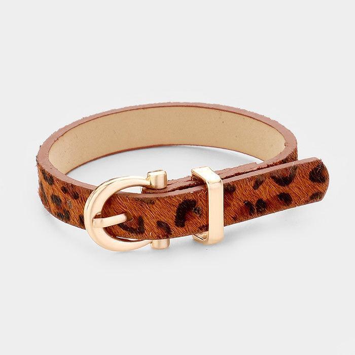 Brown Leopard Pattern Faux Leather Metal Buckle Adjustable Bracelet - Jewelry Store by Erik Rayo