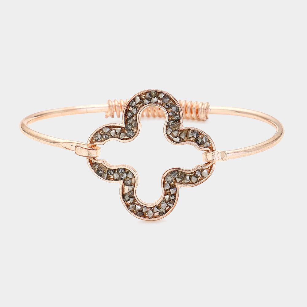 Black Stone Paved Quatrefoil Pointed Bangle Bracelet