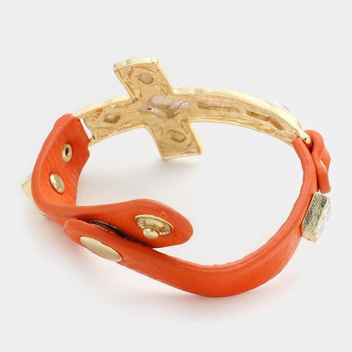 Orange Hammered metal cross faux leather bracelet - Jewelry Store by Erik Rayo