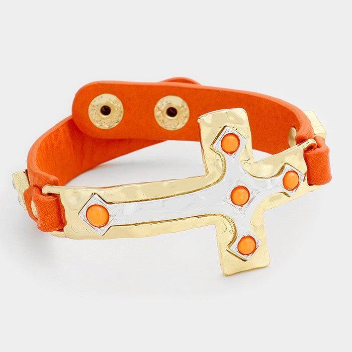Orange Hammered metal cross faux leather bracelet - Jewelry Store by Erik Rayo