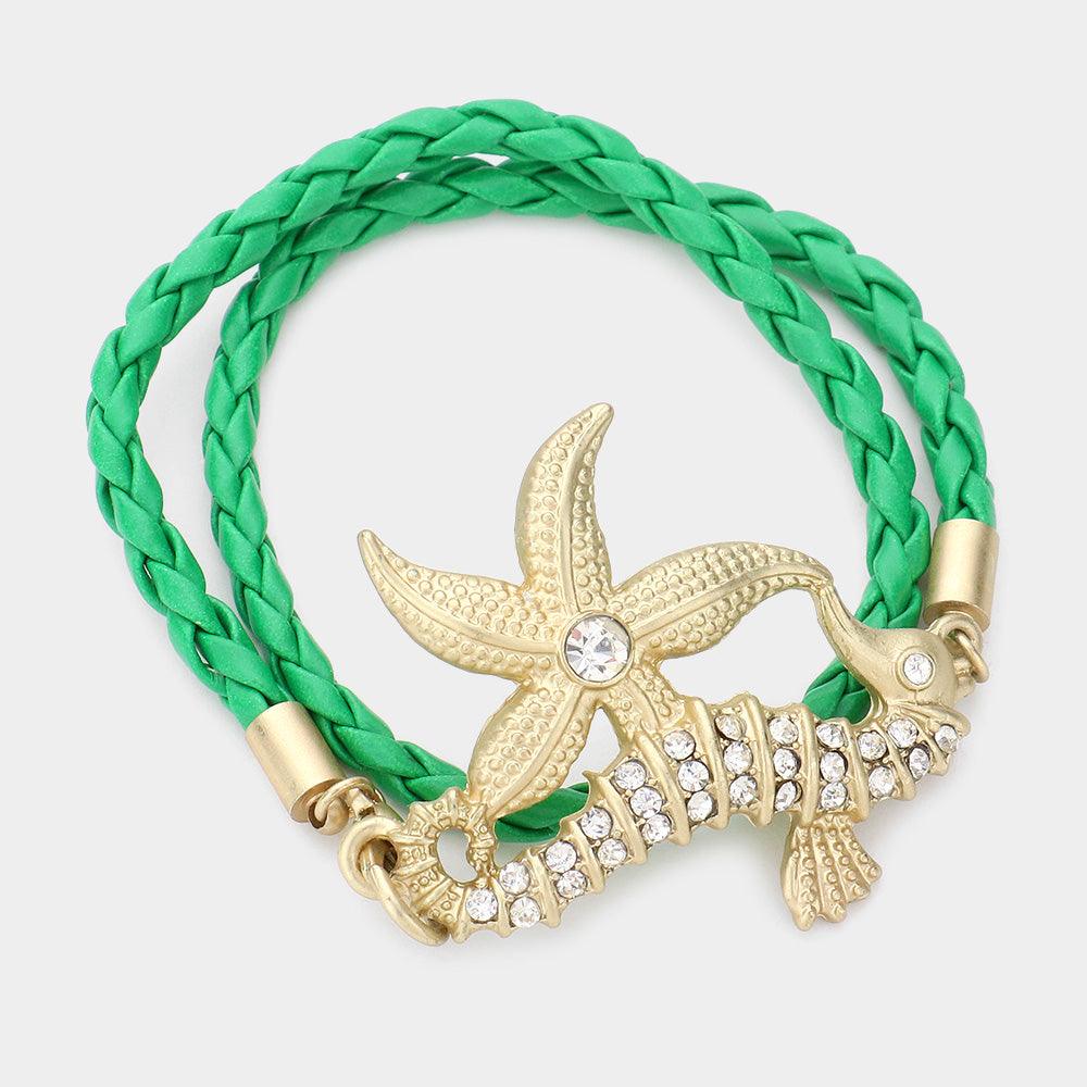 Green Stone Embellished Starfish Seahorse Braided Faux Leather Wrap Bracelet - Jewelry Store by Erik Rayo
