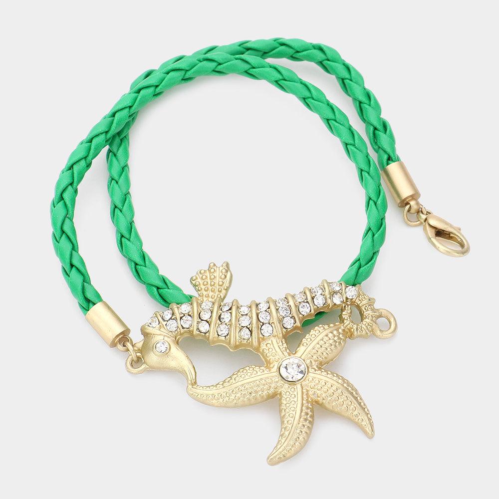 Green Stone Embellished Starfish Seahorse Braided Faux Leather Wrap Bracelet - Jewelry Store by Erik Rayo