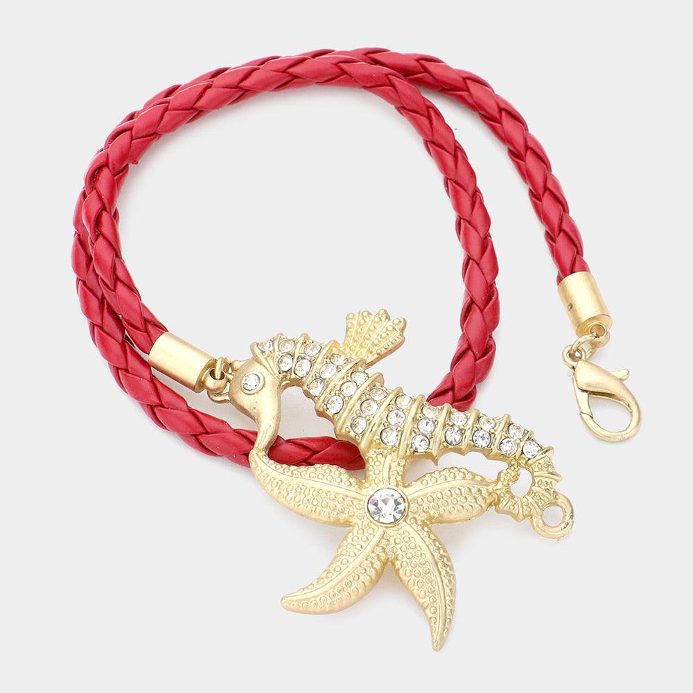 Red Stone Embellished Starfish Seahorse Braided Faux Leather Wrap Bracelet - Jewelry Store by Erik Rayo