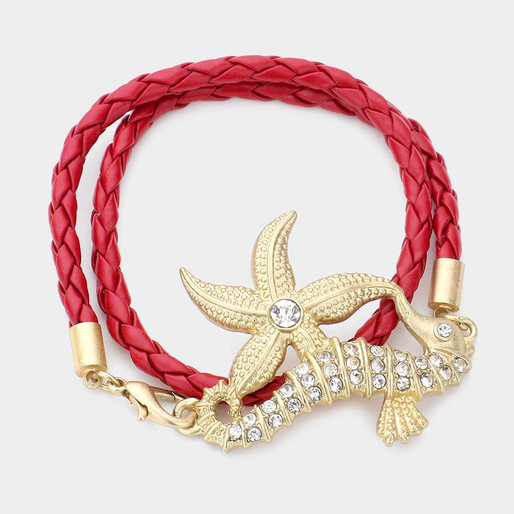 Red Stone Embellished Starfish Seahorse Braided Faux Leather Wrap Bracelet - Jewelry Store by Erik Rayo