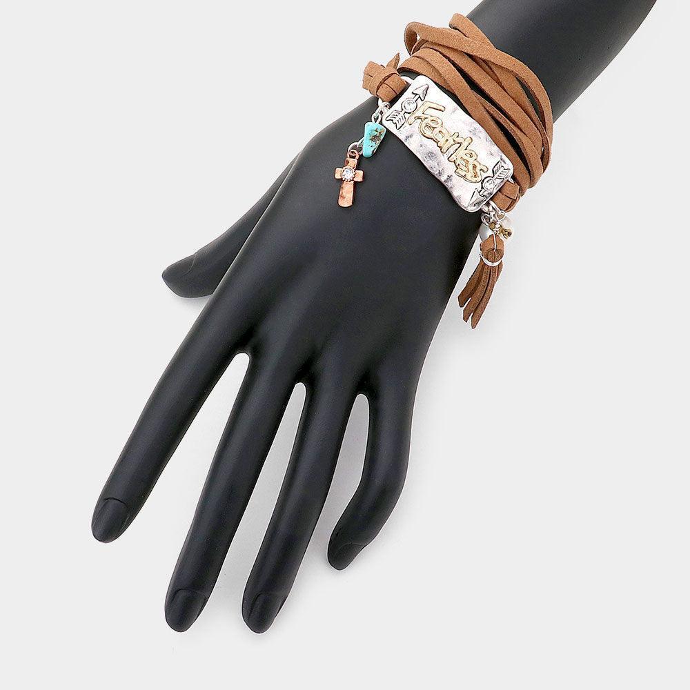White Fearless Hammered Arrow & Cross Suede Tassel Bracelet - Jewelry Store by Erik Rayo