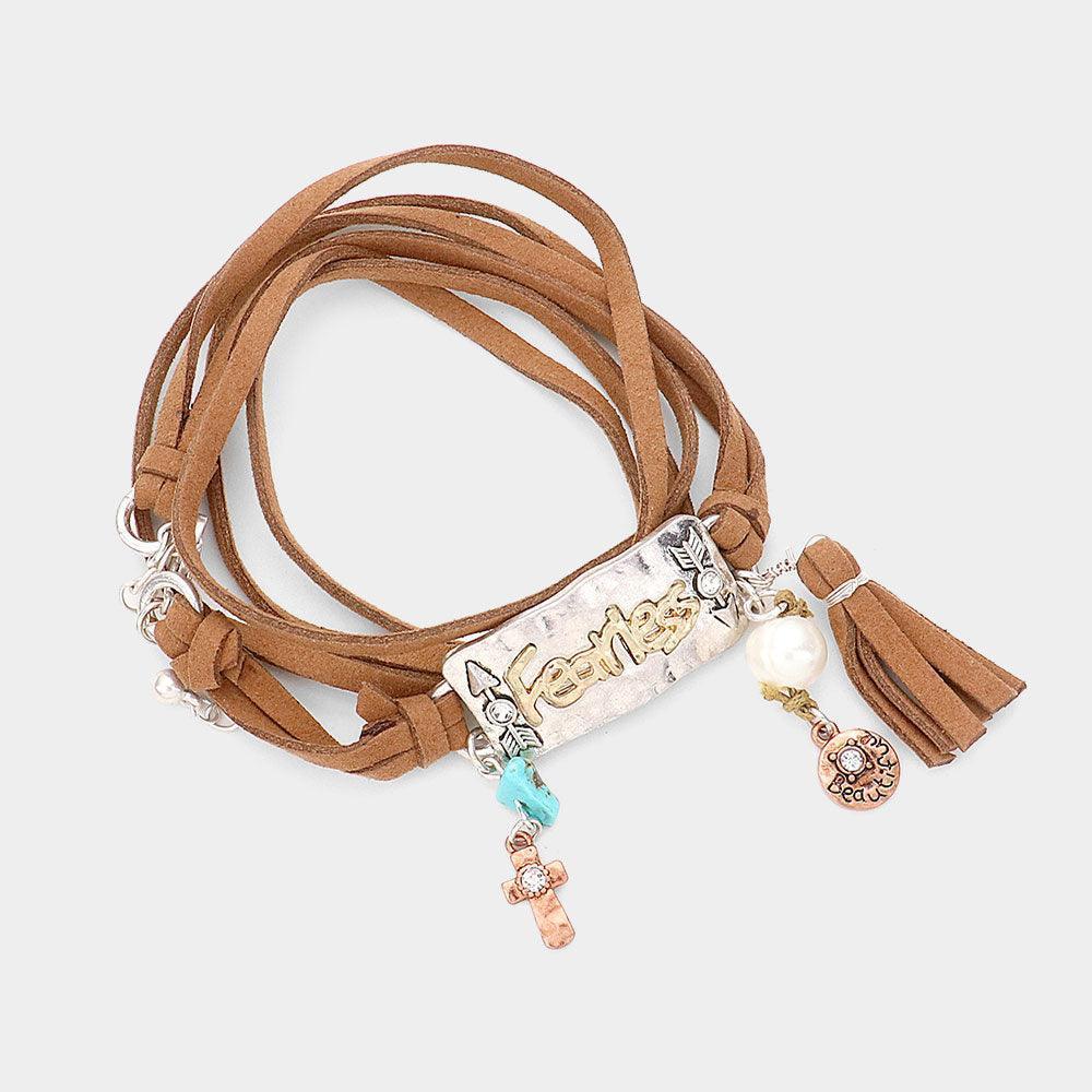 White Fearless Hammered Arrow & Cross Suede Tassel Bracelet - Jewelry Store by Erik Rayo