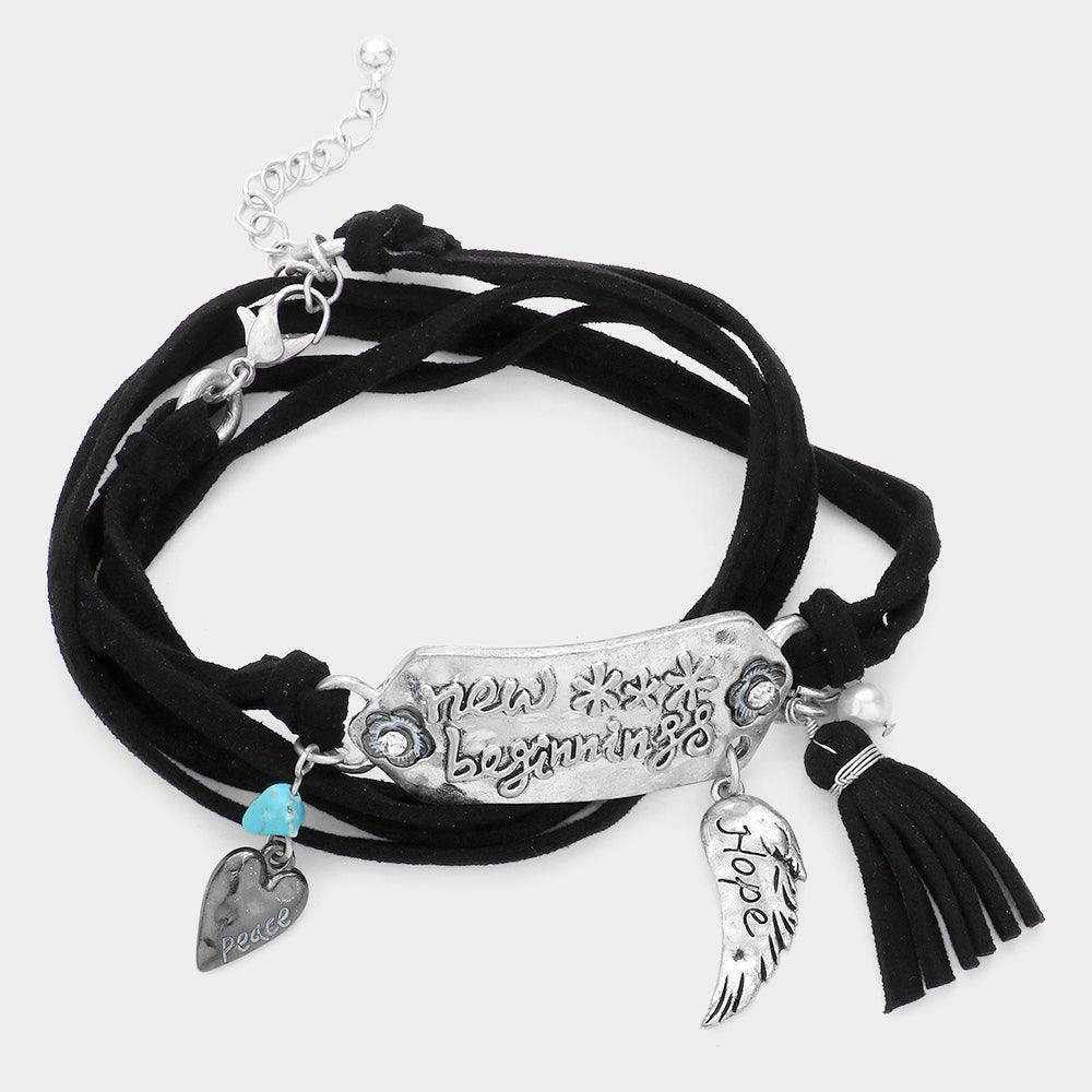 Turquoise New Beginning Message Hammered Metal Heart Wing Suede Tassel Wrap Bracelet - Jewelry Store by Erik Rayo