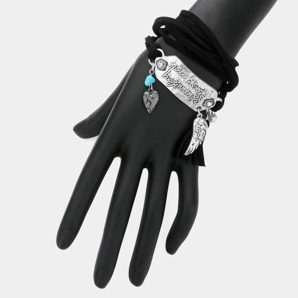 Turquoise New Beginning Message Hammered Metal Heart Wing Suede Tassel Wrap Bracelet - Jewelry Store by Erik Rayo