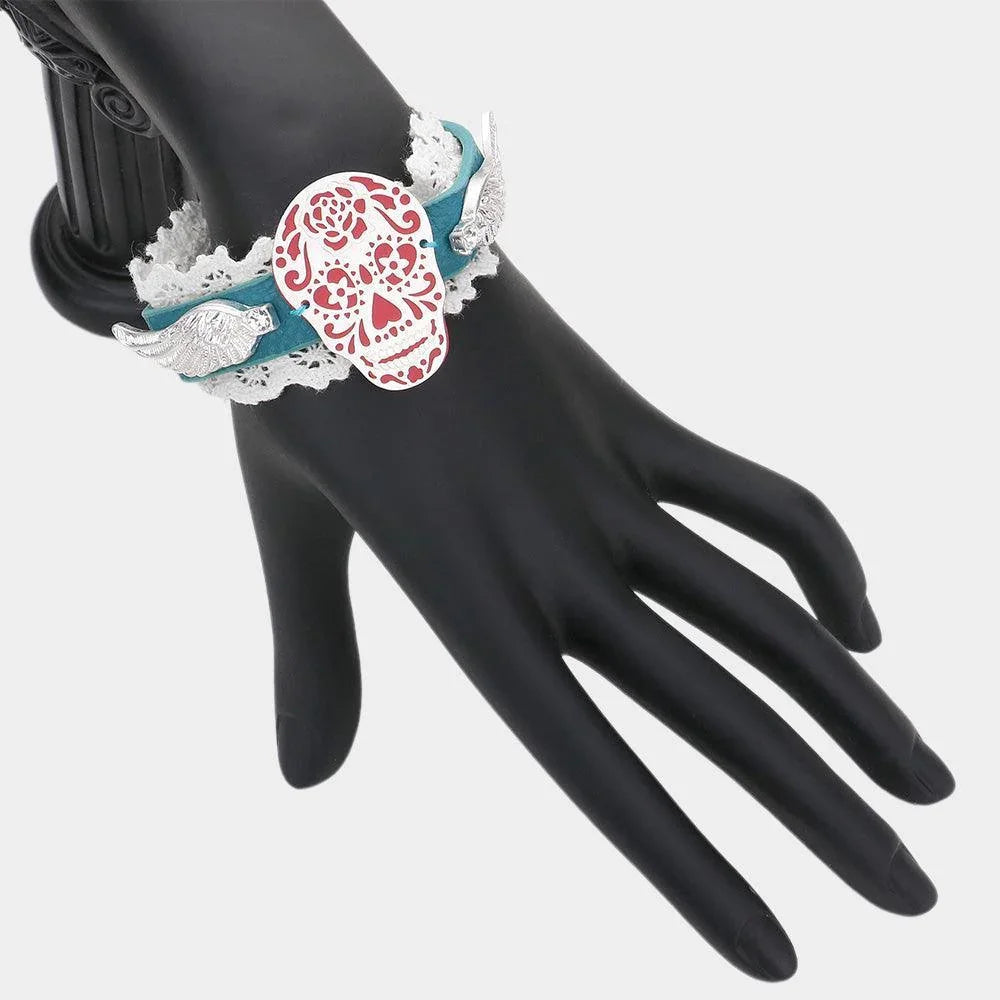 Turquoise Day of the Dead Skull Wings Lace Faux Leather Bracelet - Jewelry Store by Erik Rayo