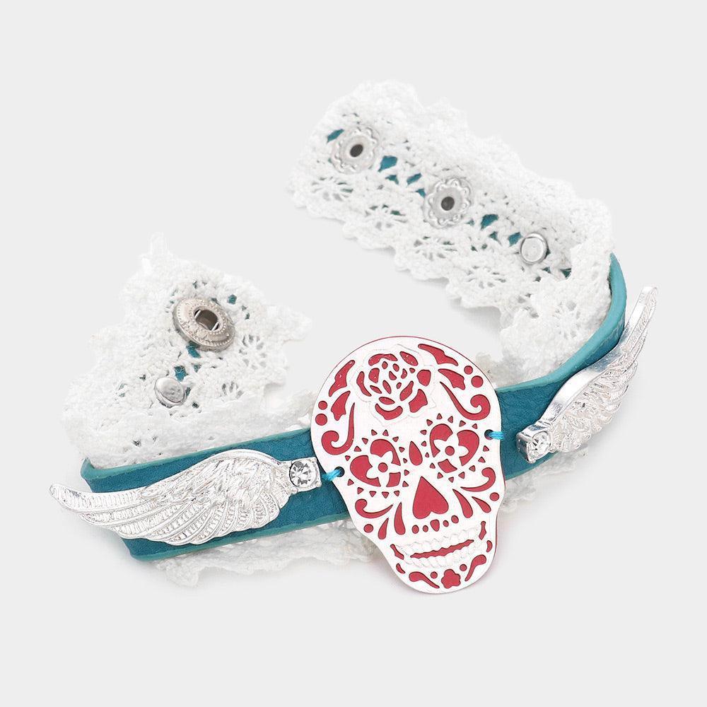 Turquoise Day of the Dead Skull Wings Lace Faux Leather Bracelet - Jewelry Store by Erik Rayo