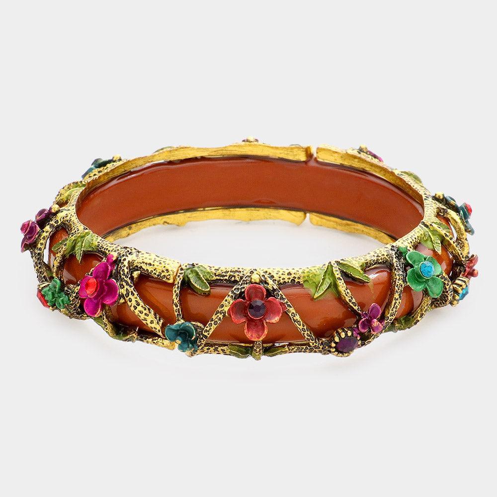 Brown Metal Floral Tube Bracelet - Jewelry Store by Erik Rayo