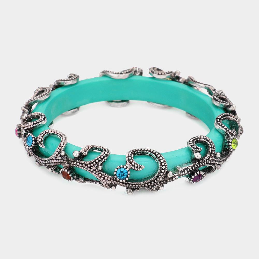 Turquoise Crystal Accented Metal Floral Tube Bangle Bracelet