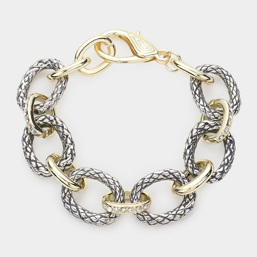 Two Tone Rhinestone Embellished Open Metal Oval Link Bracelet - Jewelry Store by Erik Rayo