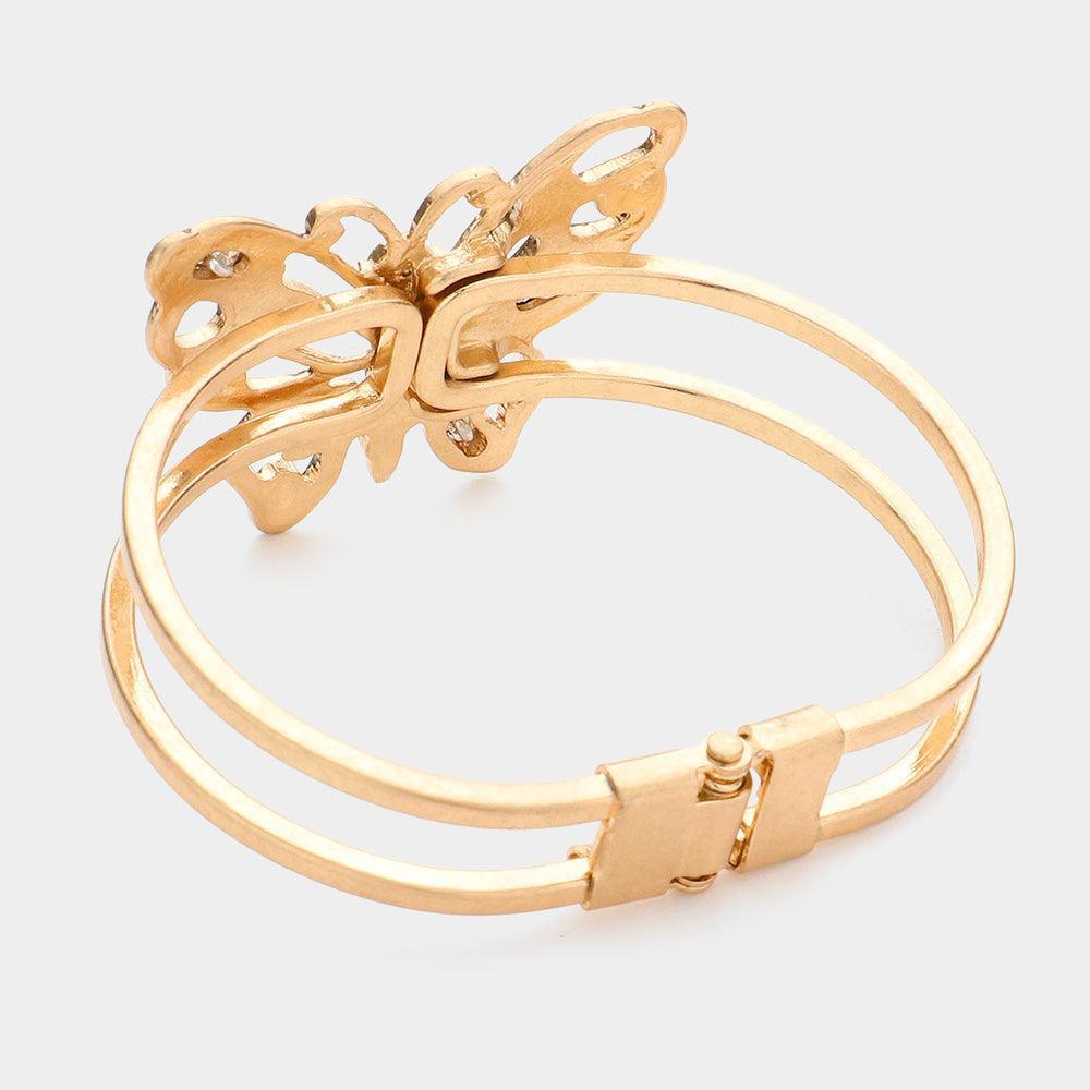 Two Tone Stone Embellished Metal Butterfly Hinged Bracelet - Jewelry Store by Erik Rayo