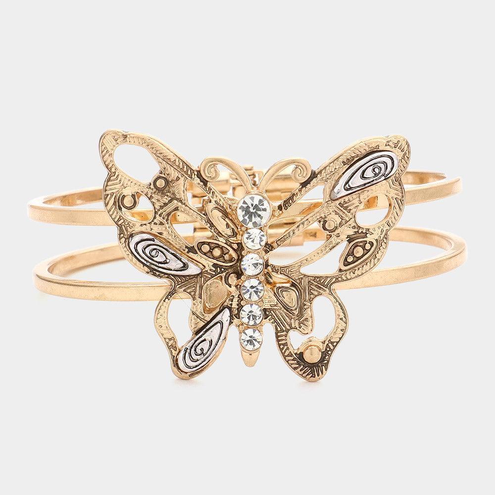 Two Tone Stone Embellished Metal Butterfly Hinged Bracelet - Jewelry Store by Erik Rayo