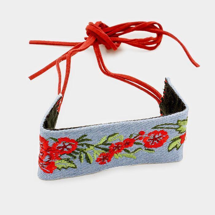 Blue Fabric Embroidery Flower with Suede Wrap Bracelet - Jewelry Store by Erik Rayo