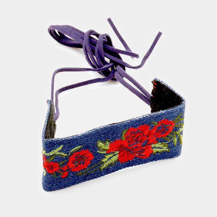 Blue Fabric Embroidery Flower with Suede Wrap Bracelet - Jewelry Store by Erik Rayo