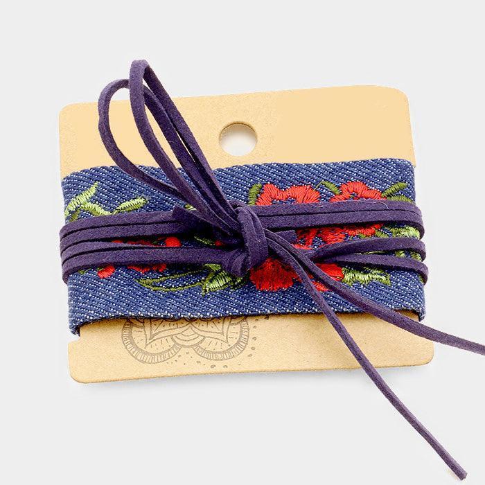 Blue Fabric Embroidery Flower with Suede Wrap Bracelet - Jewelry Store by Erik Rayo