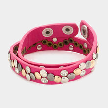 Load image into Gallery viewer, Fuchsia Crystal Hammered Metal Studded Faux Leather Band Bracelet
