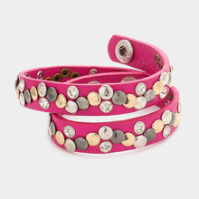 Load image into Gallery viewer, Fuchsia Crystal Hammered Metal Studded Faux Leather Band Bracelet
