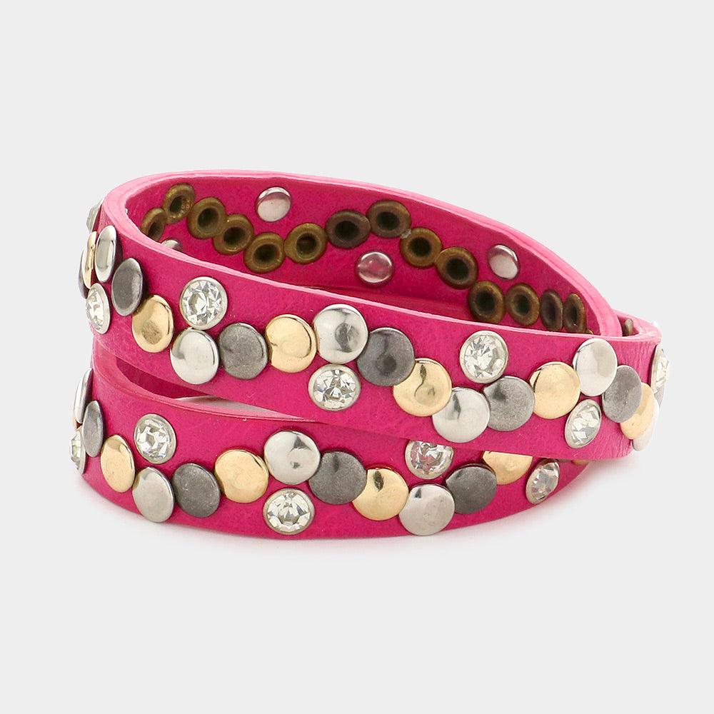 Fuchsia Crystal Hammered Metal Studded Faux Leather Band Bracelet