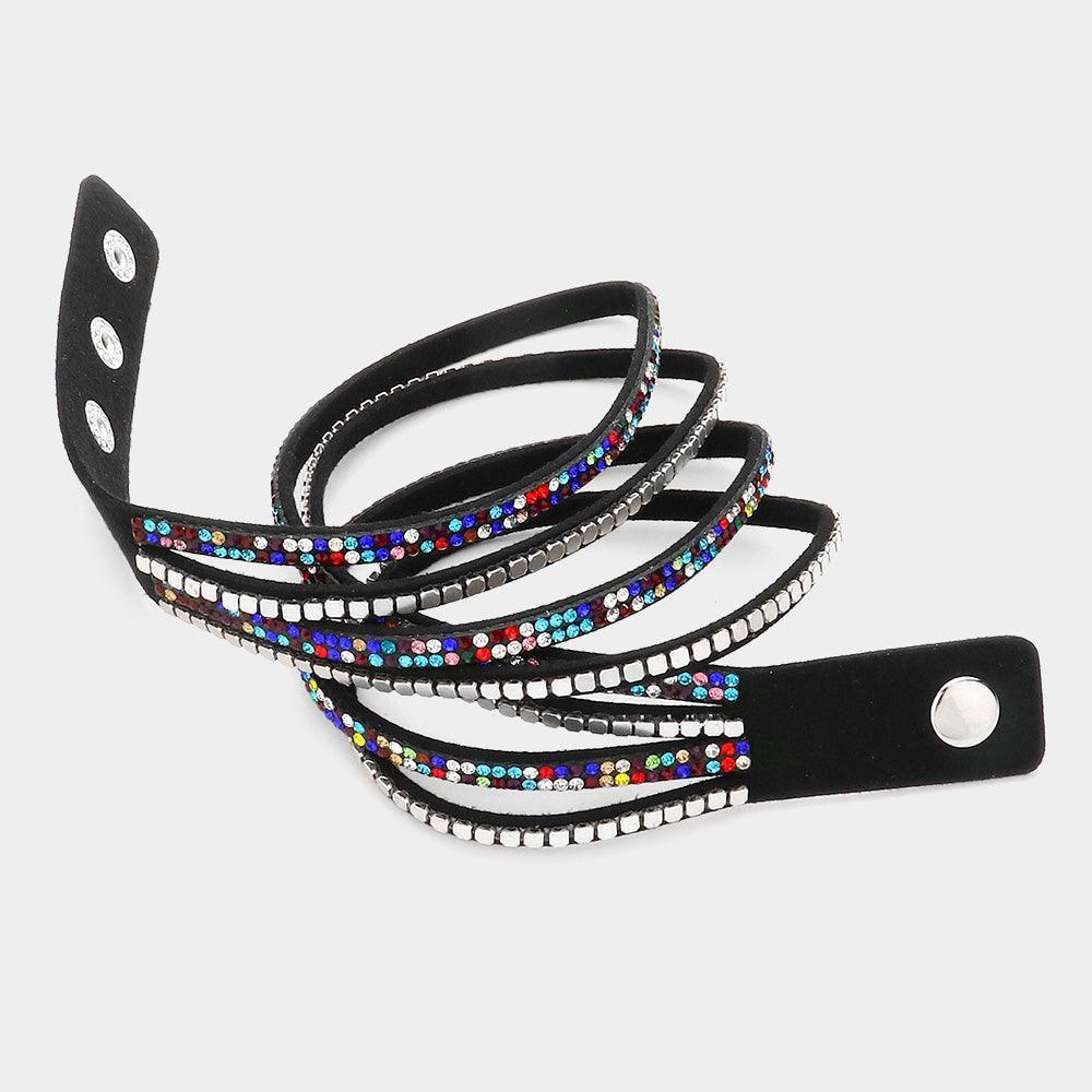 Black Crystal Metal Studded Faux Suede Band Wrap Bracelet - Jewelry Store by Erik Rayo