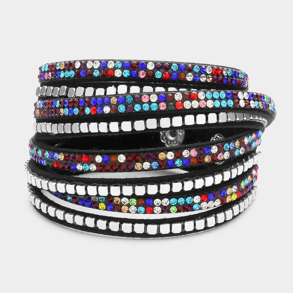 Black Crystal Metal Studded Faux Suede Band Wrap Bracelet - Jewelry Store by Erik Rayo