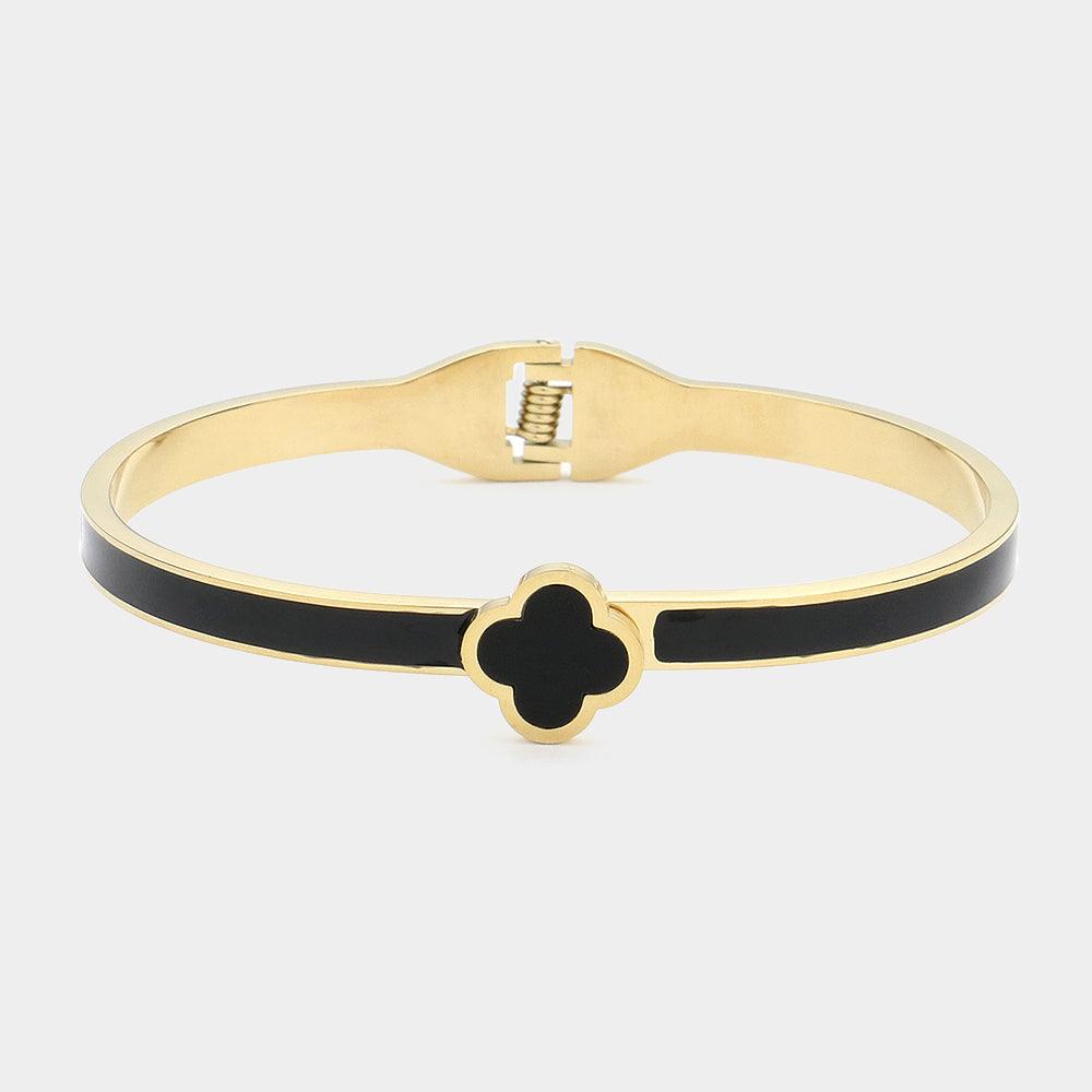 Black Enamel Quatrefoil Pointed Hinged Bangle Bracelet