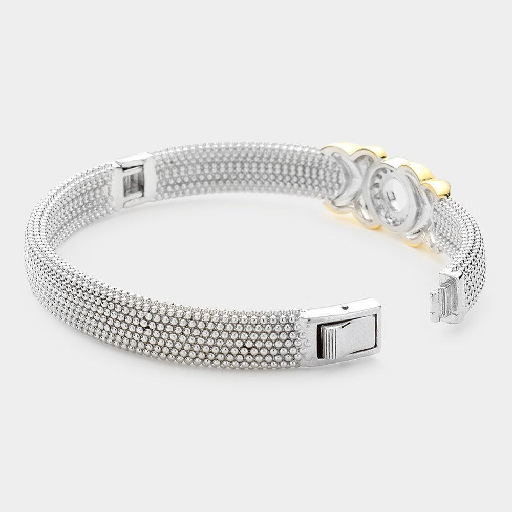 Two Tone CZ Stone Paved Open Circle Accented Crisscross Metal Bubble Bangle Bracelet - Jewelry Store by Erik Rayo
