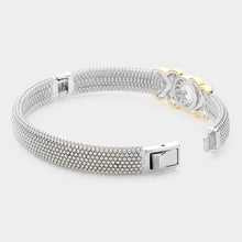 Load image into Gallery viewer, Two Tone CZ Stone Paved Open Circle Accented Crisscross Metal Bubble Bangle Bracelet
