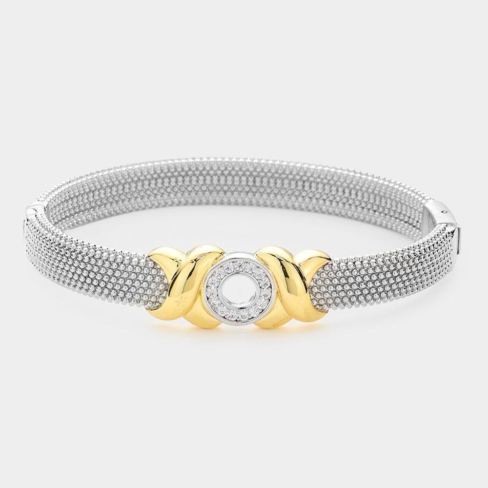 Two Tone CZ Stone Paved Open Circle Accented Crisscross Metal Bubble Bangle Bracelet - Jewelry Store by Erik Rayo