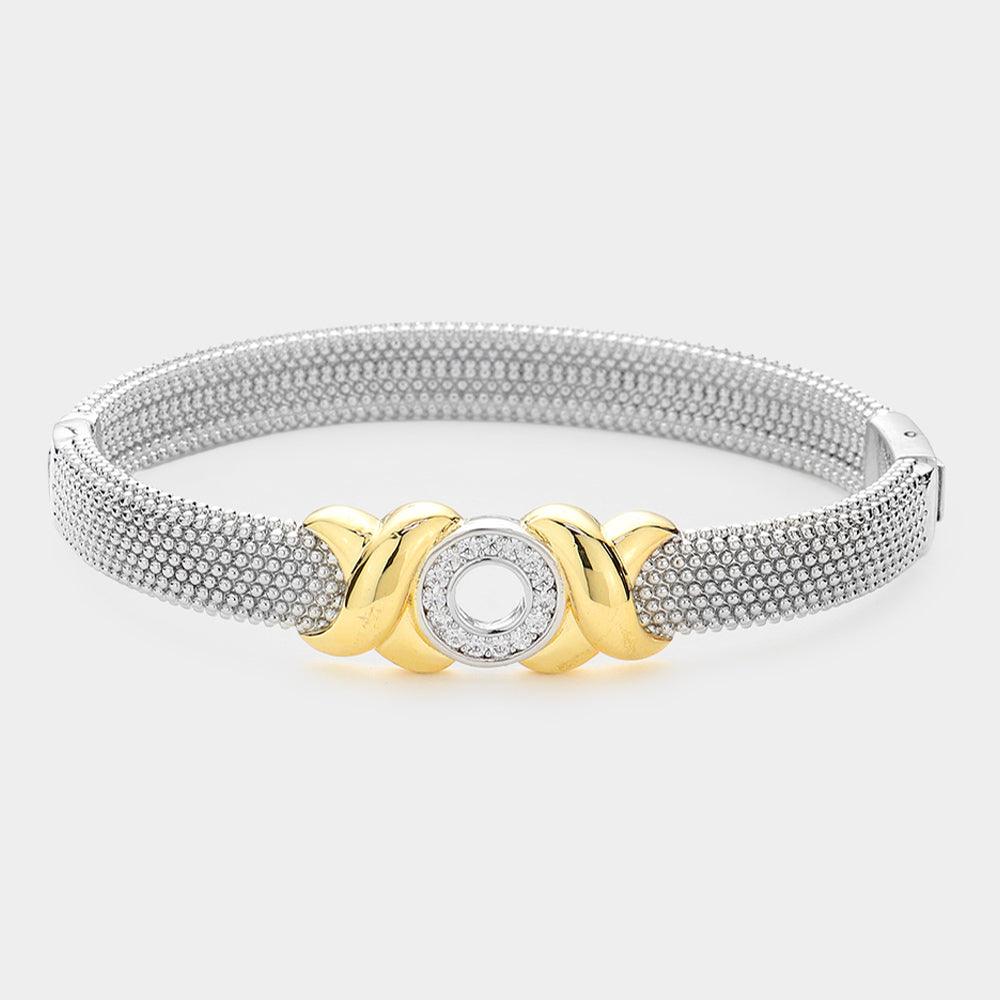 Two Tone CZ Stone Paved Open Circle Accented Crisscross Metal Bubble Bangle Bracelet