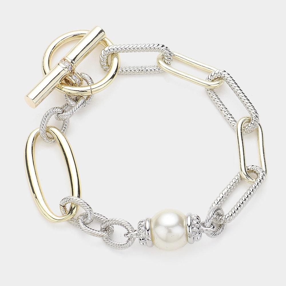 Gold 14K Gold Plated Pearl Pointed CZ Stone Paved Link Toggle Bracelet