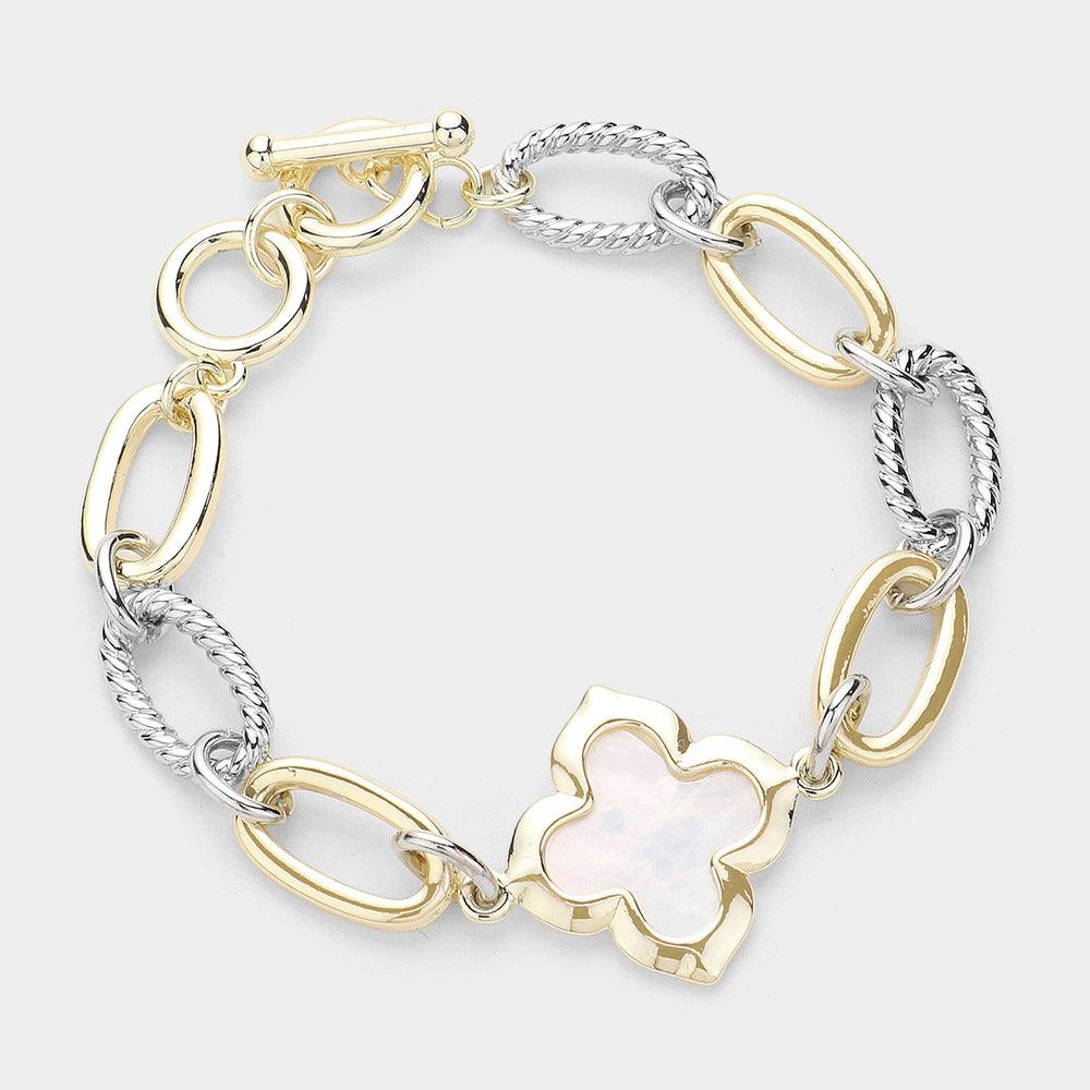 Gold 14K Gold Plated Mother Of Pearl Quatrefoil Two Tone Toggle Bracelet